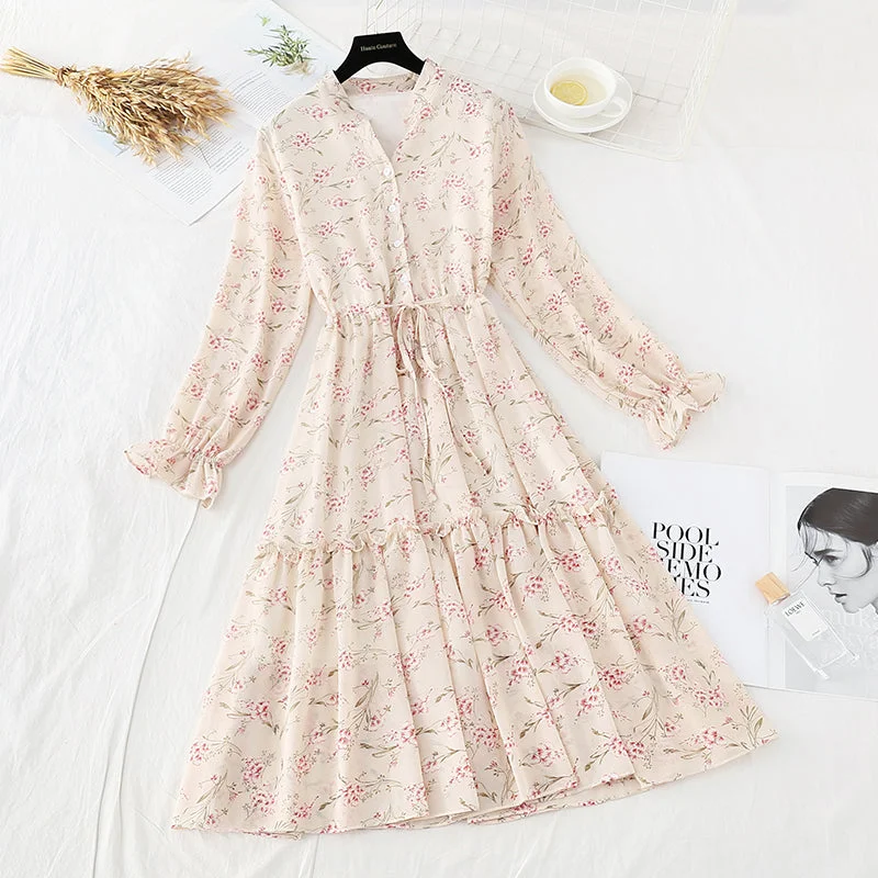 Flirty Fit Long Sleeves DressLong sleeved floral dress French Retro  4701