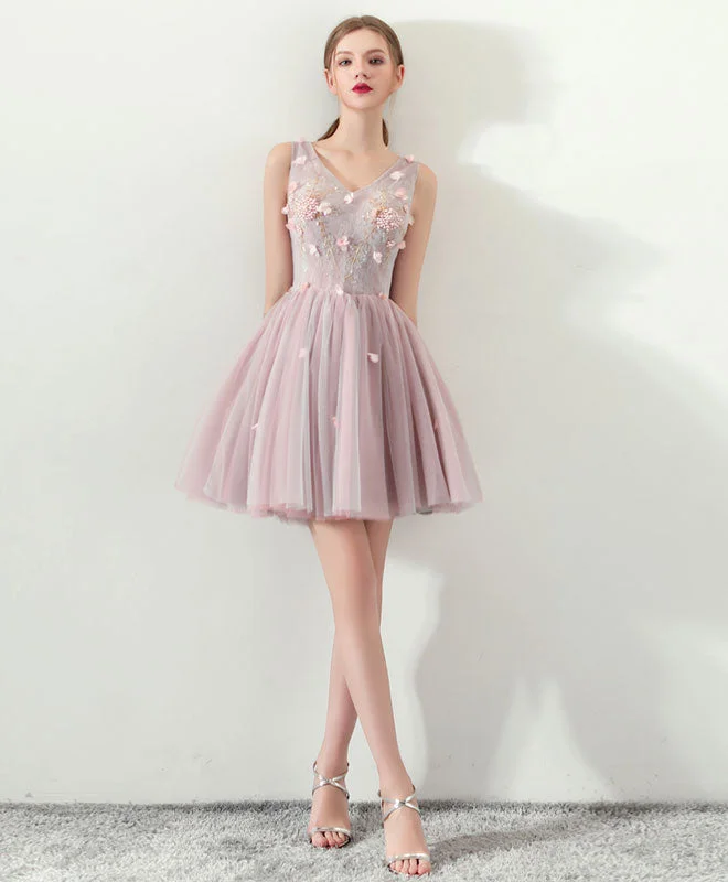 prom dresses with detachable sleevesCute V Neck Tulle Short Prom Dress, Pink Homecoming Dress