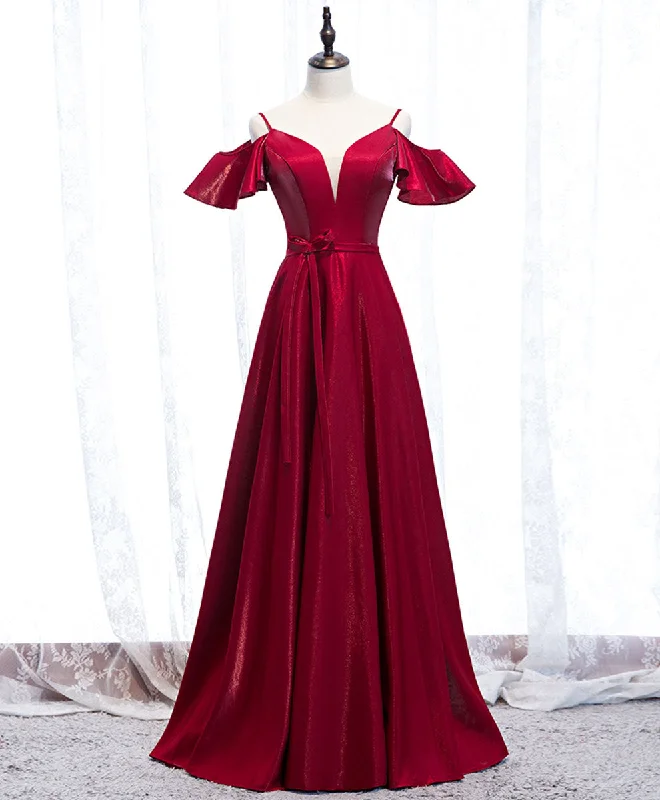 prom dresses with floral embroiderySimple Satin Burgundy Long Prom Dress Burgundy Formal Dress