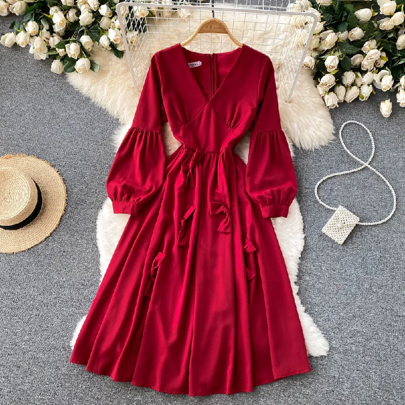 Fashionable Long Sleeves DressCute V Neck Long Sleeve Dress A Line Fashion Dress  10850