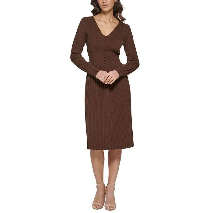 Flowery Long Sleeves Smock DressKensie Women's Pintuck Long Sleeve Sweater Knit Dress Brown Size Medium