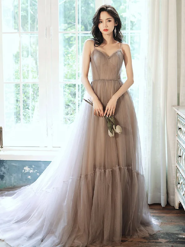 cap sleeve prom dressesSimple Gray V Neck Tulle Long Prom Dress Gray Formal Dress