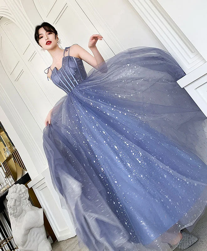 cap sleeve prom dressesBlue Tulle Long Prom Dress, Blue Tulle Formal Dress