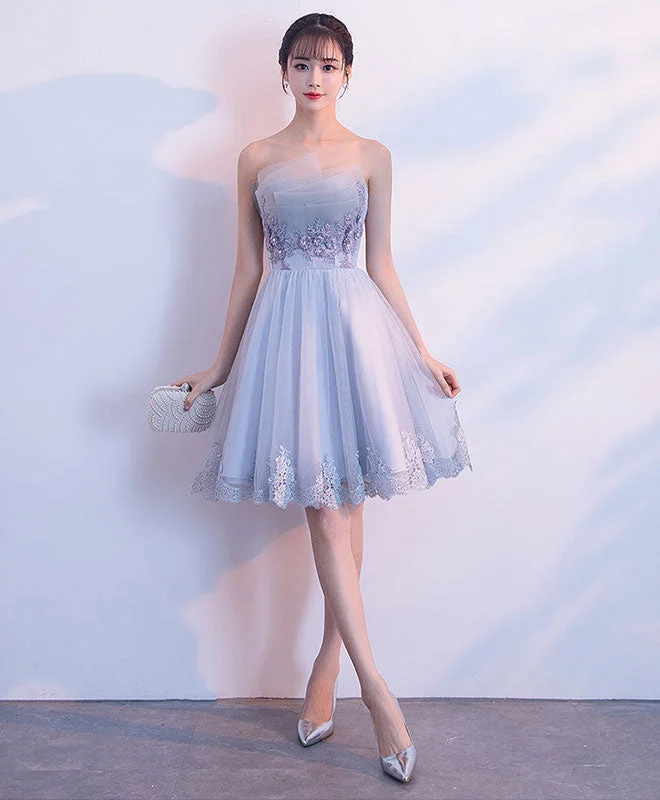 corset prom dressesGray Tulle Lace Applique Short Prom Dress, Gray Homecoming Dress