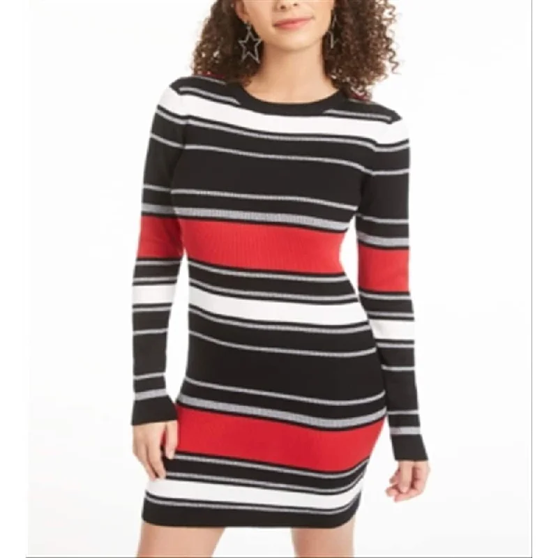 Full Coverage Long Sleeves DressPlanet Gold Women's Striped Long Sleeve Crew Neck Short Body Con Dress Black Size Xx-Small