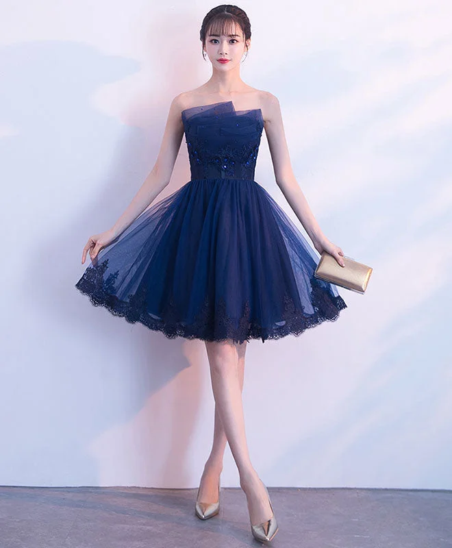 halter prom dressesCute Dark Blue Tulle Lace Short Prom Dress, Homecoming Dress