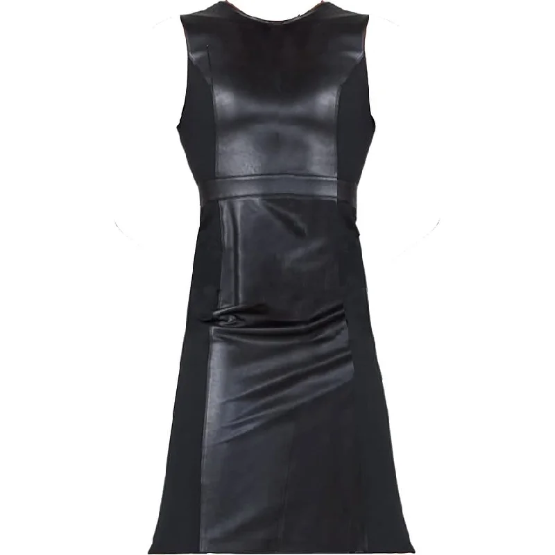 Sleeveless Dress With SequinsSPANX Women's Black Leather Like Sleeveless Mixed Media Sheath Dress