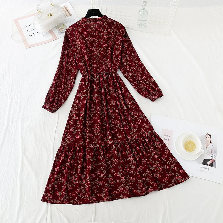 Fabulous Silk Long Sleeves DressNew long sleeved chiffon skirt sweet waist slim gentle wind Floral Dress  4546