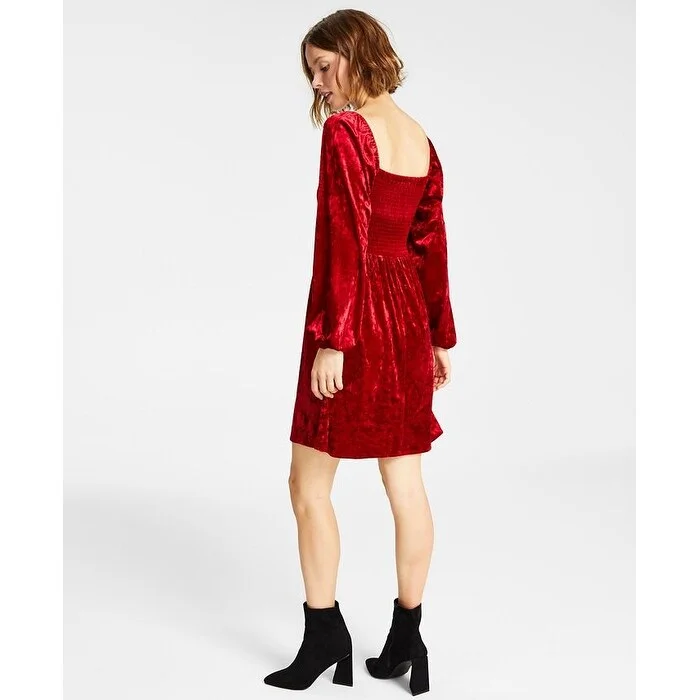 Fitted Long Sleeves Peplum Midi DressBar Iii Women's Velvet Smocked Long Sleeve Dress Red Size X-Large