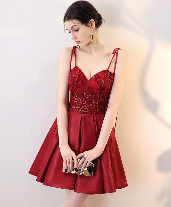 custom prom dressesBurgundy V Neck Lace Short Prom Dress, Homecoming Dress