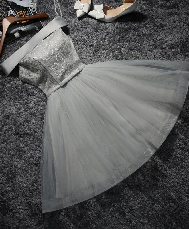 prom dresses with built-in petticoatsCute Gray Lace Tulle Short Prom Dress, Gray Homecoming Dress