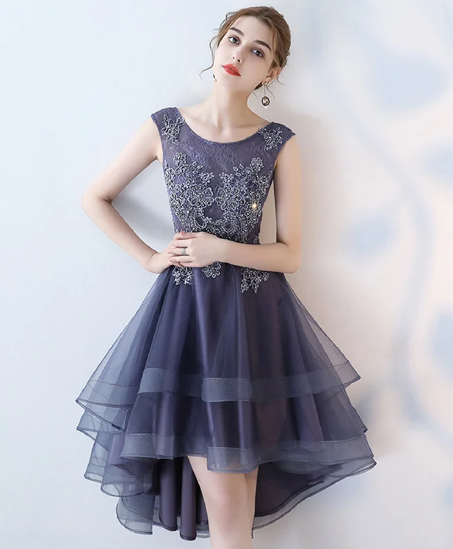 corset prom dressesPurple Round Neck lace Tulle High Low Prom Dress, Homecoming Dress