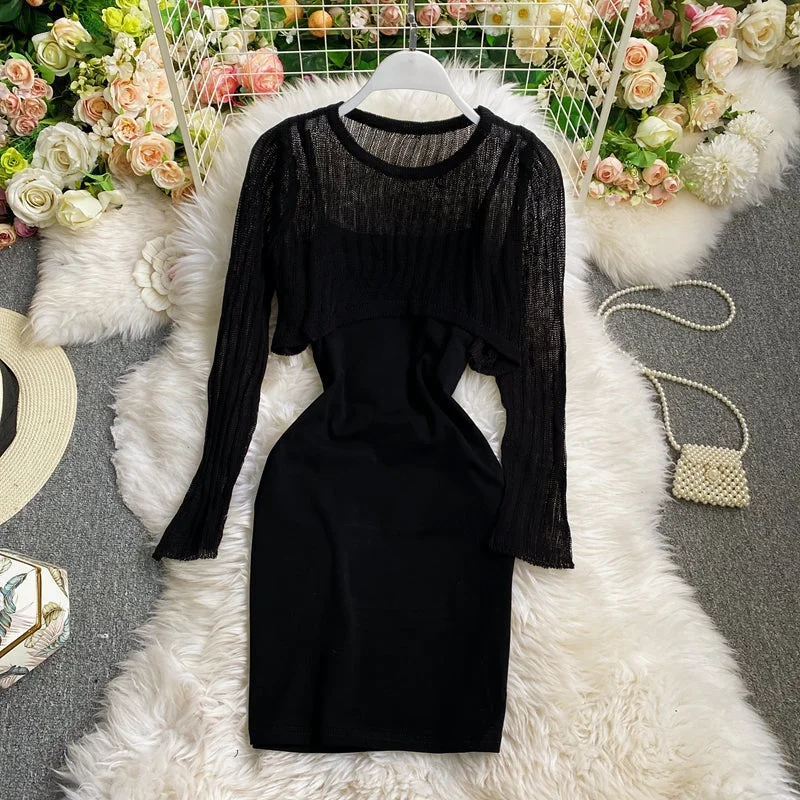 Fitted Lace Long Sleeves DressLong sleeved Knitted Blouse hip strap dress  2764