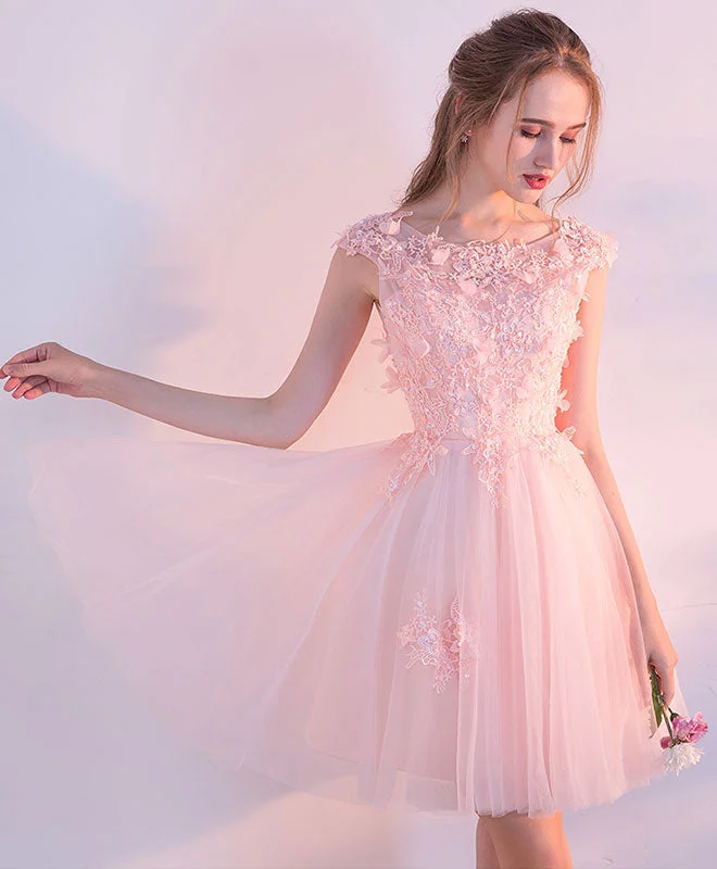 A-line prom dressesPink Lace Tulle Short Prom Dress, Lace Pink Cute Homecoming Dresses