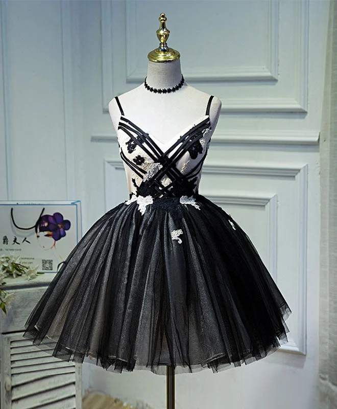 prom dresses for summerUnique Black Tulle Short Prom Dress, Black Homecoming Dresses