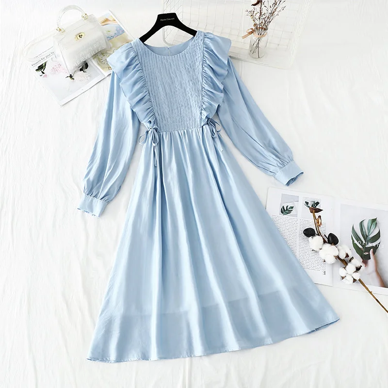 Fashionable Long Sleeves A-Line DressLong sleeved white dress French simple temperament  4225