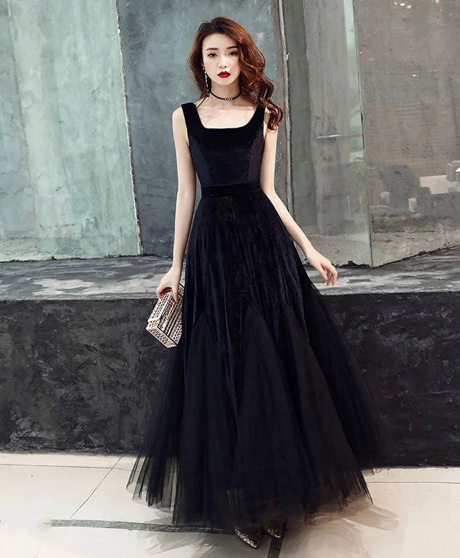 prom dresses for short girlsSimple Black Tulle Prom Dress, Black Velvet Tulle Formal Dress