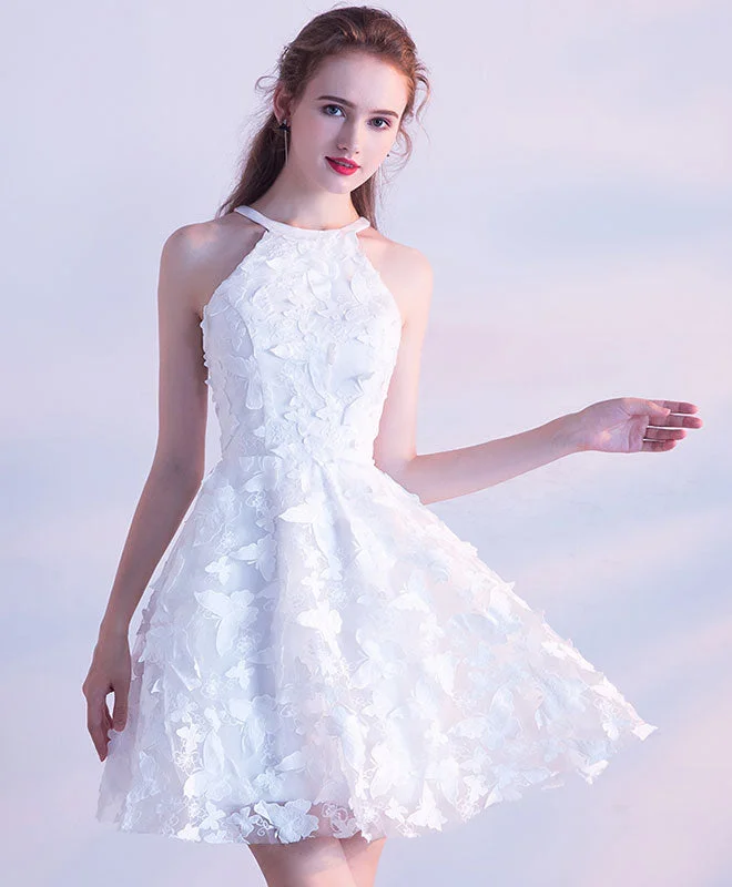 illusion sleeve prom dressesWhite Short Prom Dress, Cute Homecoming Dress