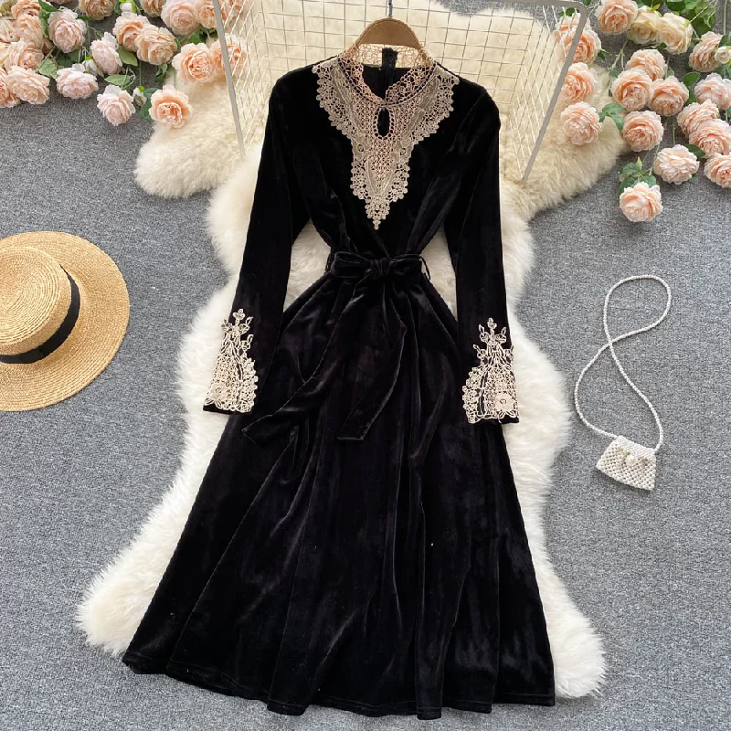 Flowy Long Sleeves DressBlack Velvet Lace Long Sleeve Dress Fashion Dress  10846