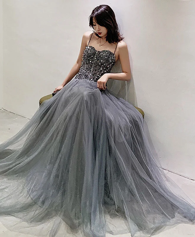 mermaid prom dressesGray Tulle Sequin Long Prom Dress Gray Tulle Formal Dress