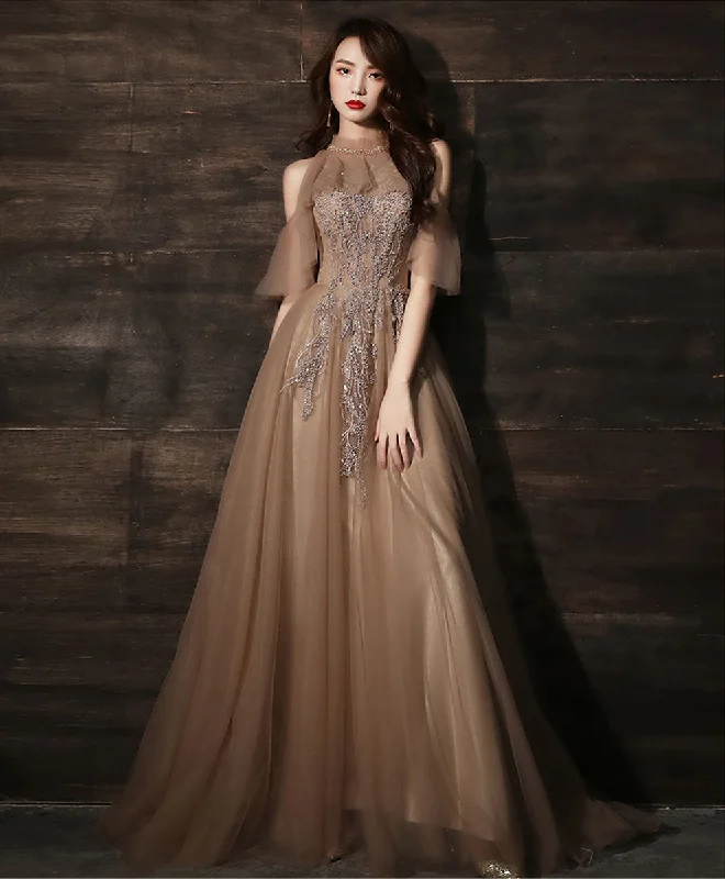 off-the-shoulder prom dressesChampagne High Neck Tulle Lace Long Prom Dress Formal Dress