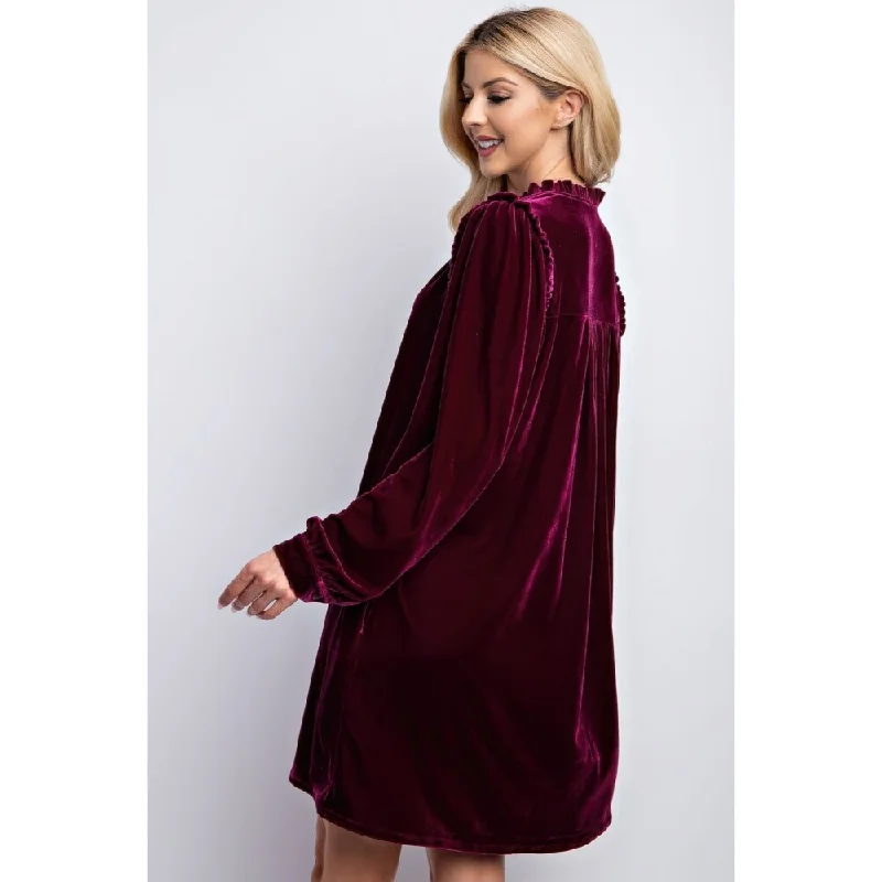 Flowery Long Sleeves Smock DressLong Sleeves V-Neckline Velvet Dress With Side Pockets