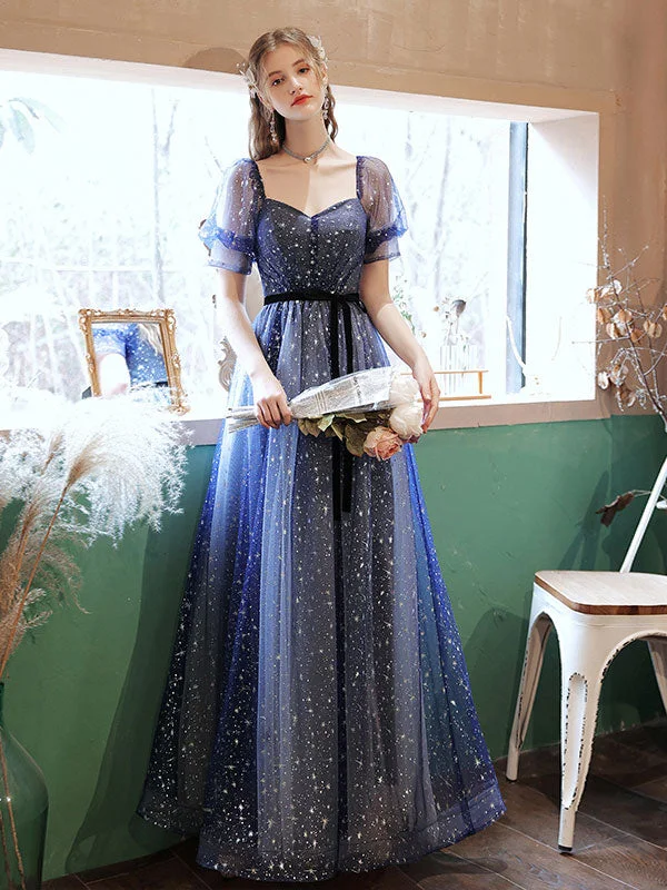 sparkly prom dressesA-line Tulle Starry Blue Long Prom Dress, Blue Formal Graduation Dresses