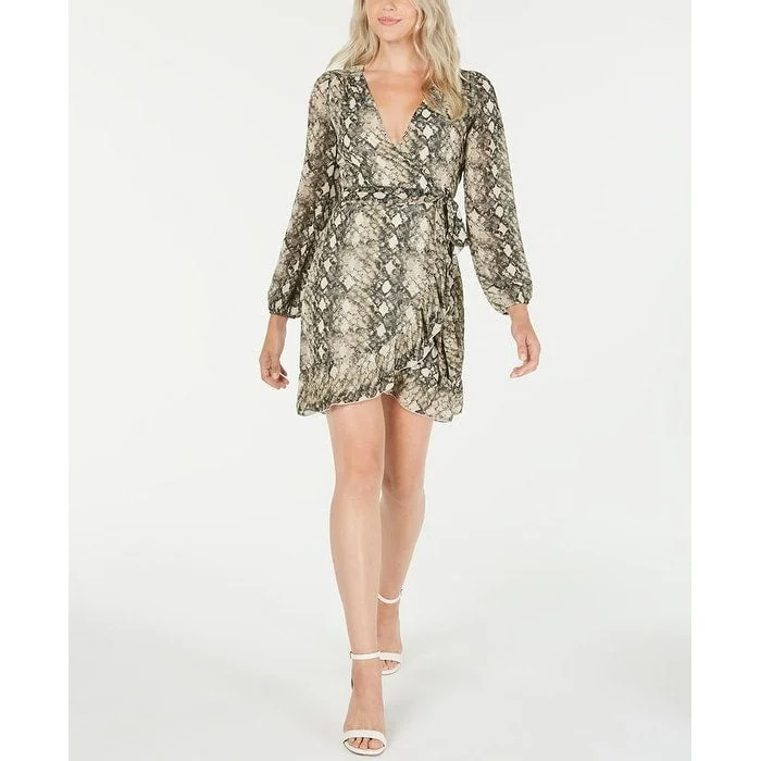 Flowing Long Sleeves Empire DressLeyden Women's Long Sleeve Snake Print Wrap Dress Brown Size Large