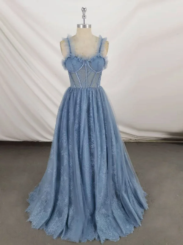 prom dresses with lace appliquésGray Sweetheart Neck Tulle Lace Long Prom Dress Blue Formal Dress