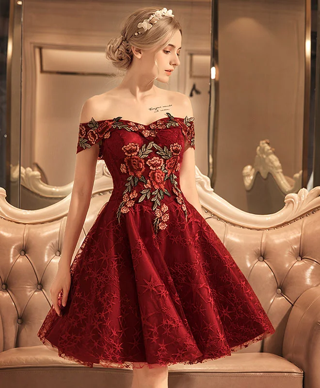 petite prom dressesBurgundy Lace Off Shoulder Short Prom Dress, Lace Burgundy Homecoming Dresses