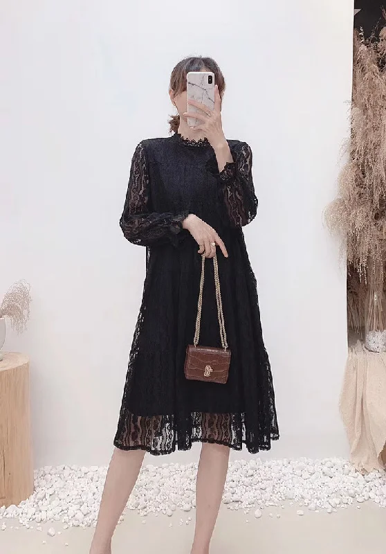 Flirty Long Sleeves DressHollow out lace long sleeve round neck high waist thin Fairy Dress  3872