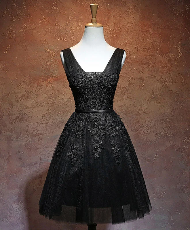 prom dresses for winterBlack V Neck Tulle Lace Short Prom Dress, Black Homecoming Dresses