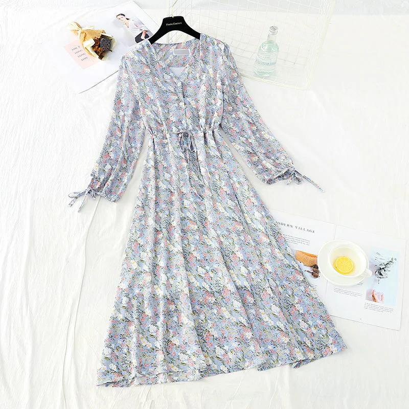 Flowery Lace Long Sleeves DressNew long sleeve waistband lace up thin Chiffon gentle wind Floral Dress  4719