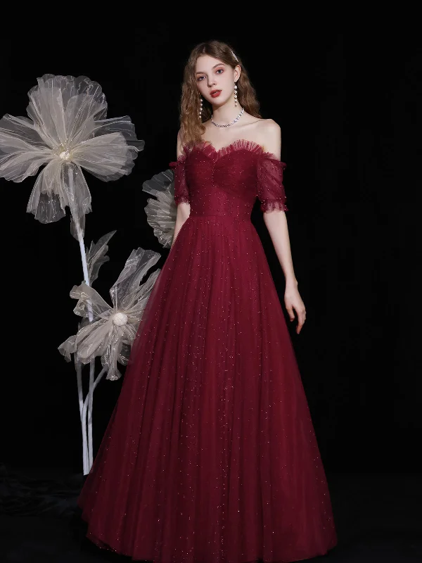 prom dresses for fallBurgundy sweetheart neck tulle beads long prom dress tulle formal dress