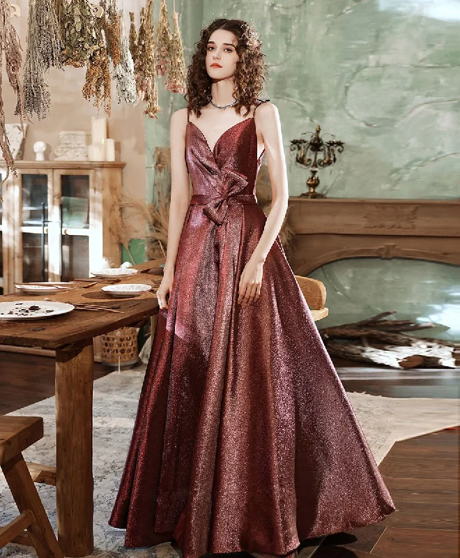 satin prom dressesSimple V Neck Burgundy Satin Long Prom Dress, Burgundy Formal Dress