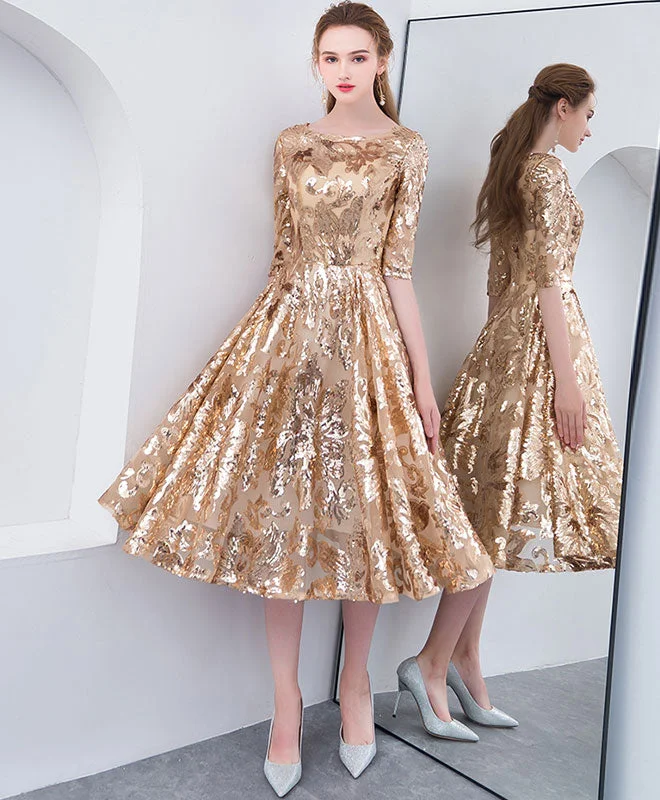 spaghetti strap prom dressesGold Round Neck Sequin Short Prom Dress, Gold Homecoming Dress