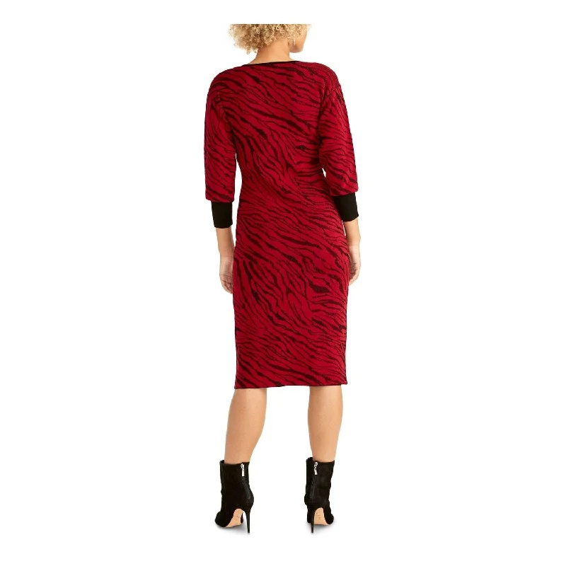 Fancy Lace Overlay Long Sleeves DressRachel Roy Women's Long Sleeve Below The Knee Sheath Dress Red Size Large