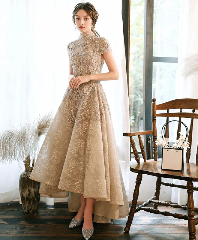 flutter sleeve prom dressesChampagne High Neck Lace Prom Dress, Champagne Lace Formal Dress