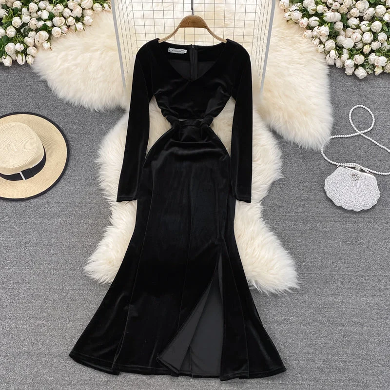 Funky Long Sleeves DressBlack V Neck Long Sleeve Dress Fashion Dress  10844