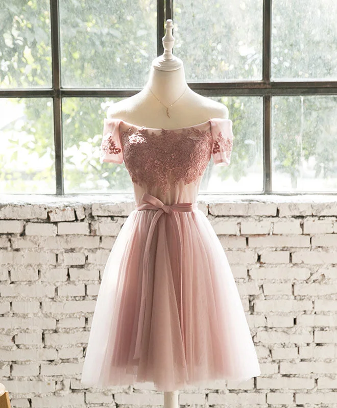 sequined prom dressesPink Lace Tulle Short Prom Dress, Homecoming Dress