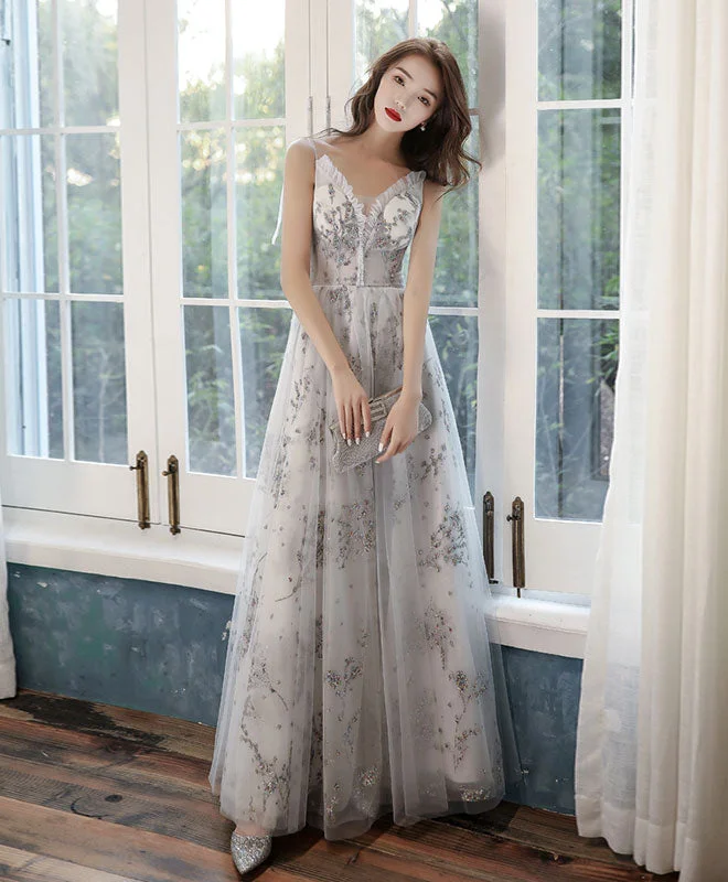 spaghetti strap prom dressesGray Tulle Lace Long Prom Dress Gray Tulle Lace Formal Dress