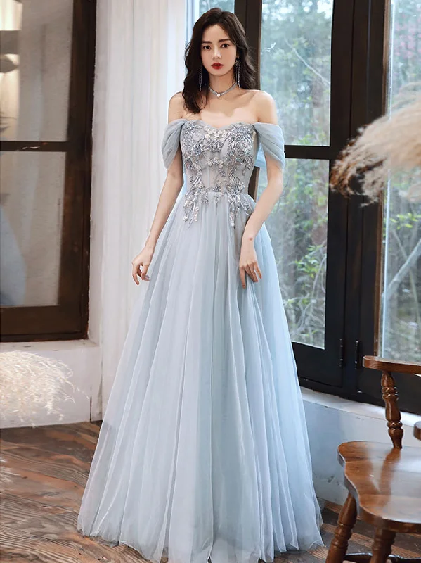 glamorous prom dressesBlue Tulle Off Shoulder Tulle Lace Long Prom Dress, Blue Formal Dress