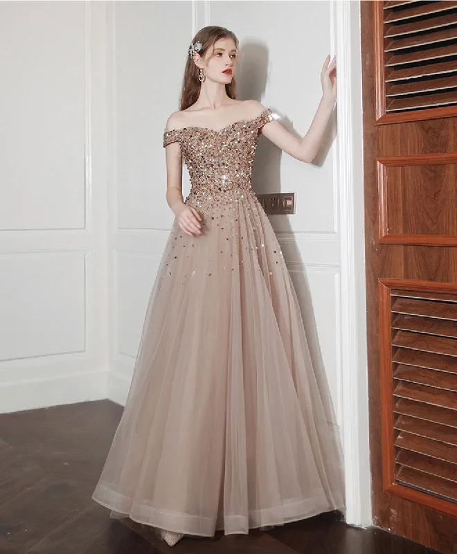 prom dresses with floral embroideryChampagne A line Long Prom Dress, Off Shoulder Champagne Formal Dress with Beading Sequin