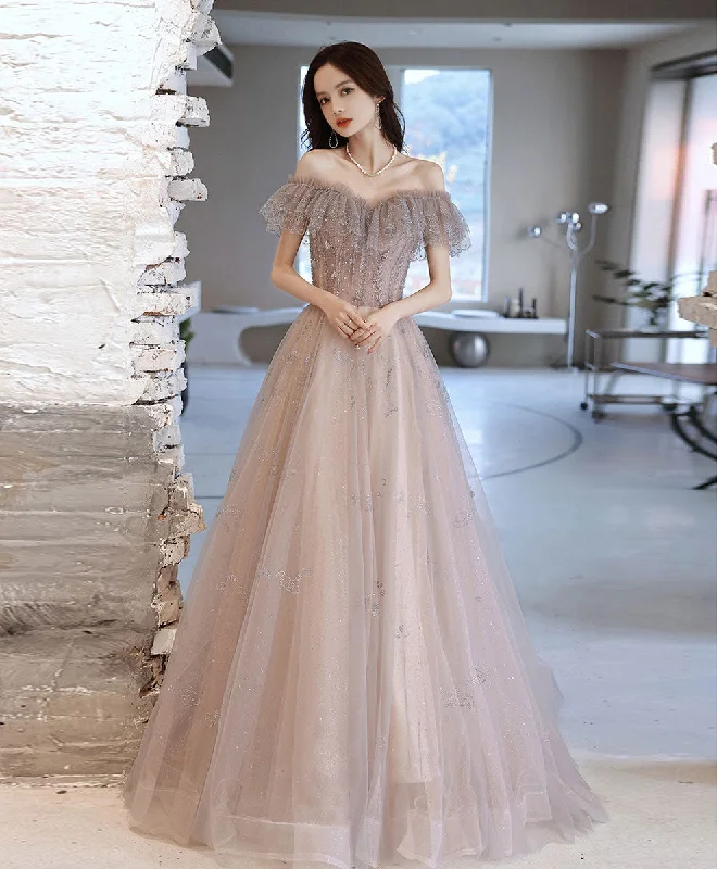 metallic prom dressesA-line Tulle Lace Off Shoulder Long Prom Dress Tulle Formal Dress