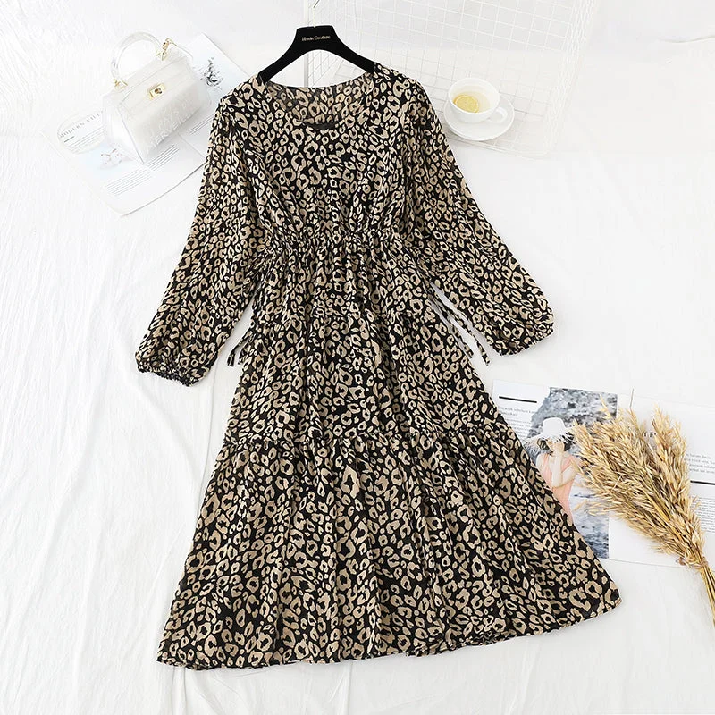 Fashionista Long Sleeves DressLong sleeved Chiffon Dress leopard print floral retro French bottomed skirt  4697