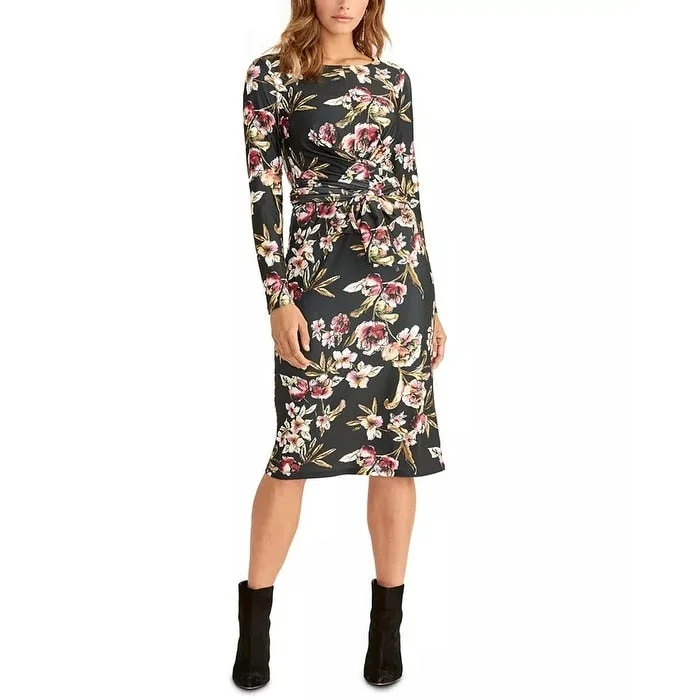 Flowing Chiffon Long Sleeves DressRachel Roy Women's Floral Long Sleeve Jewel Neck Below The Knee Sheath Dress Black Size X-Large