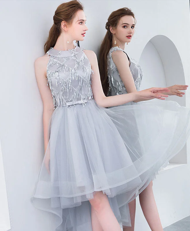 illusion sleeve prom dressesCute High Neck Gray Tulle Short Prom Dress, Tulle Homecoming Dress