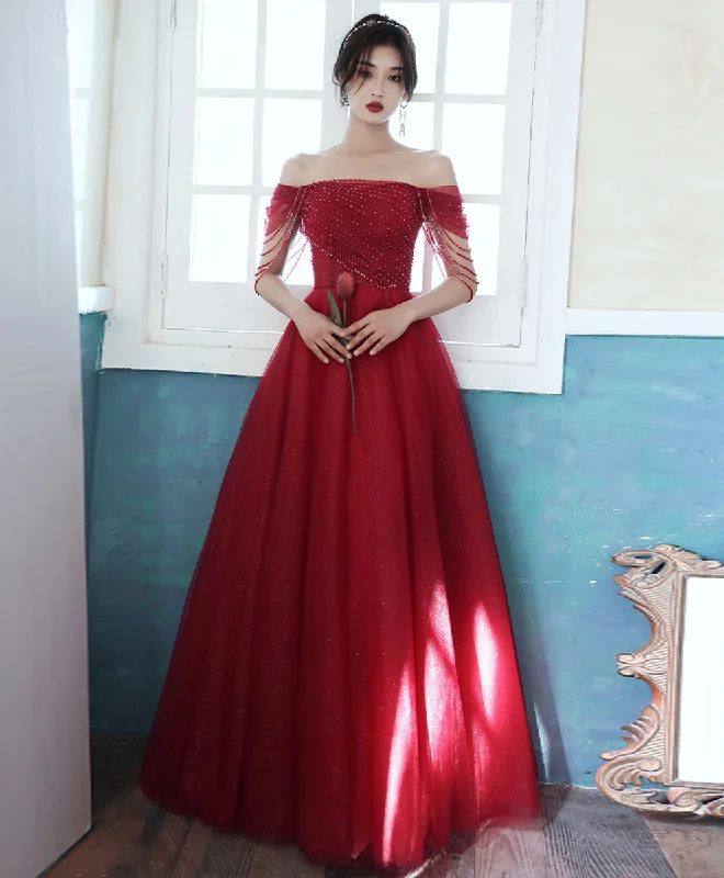 ball gown prom dressesBurgundy Tulle Off Shoulder Long Prom Dress, Burgundy Graduation Dress with Beading