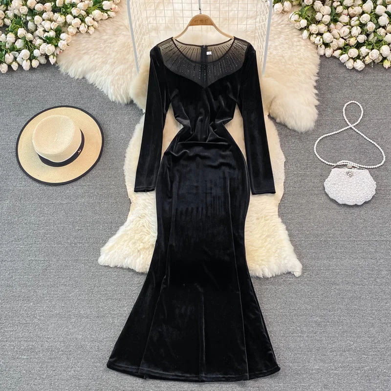 Flowing Long Sleeves DressLong sleeve slim slim velvet fishtail buttock dress  3753