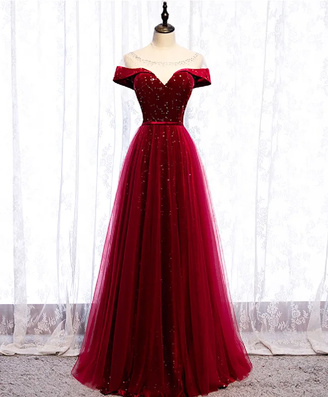 prom dresses with lace appliquésBurgundy Round Neck Tulle Sequin Long Prom Dress Tulle Formal Dress